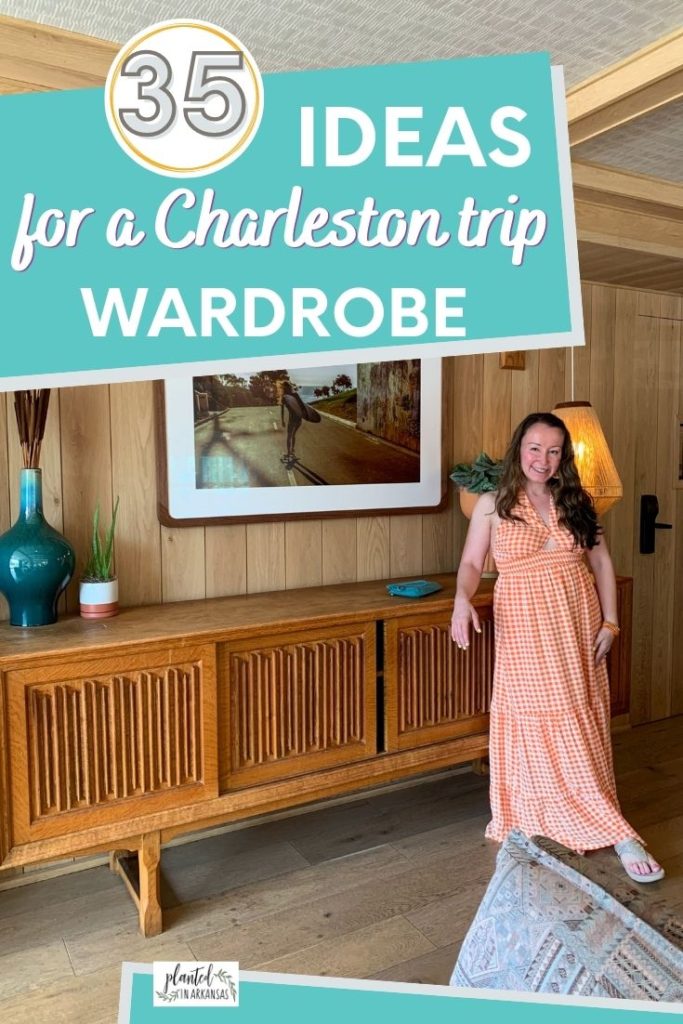 woman stands in The Ryder Hotel in Charleston in an orange gingham maxi dress