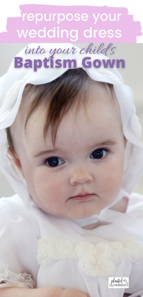 baby wears custom baptism gown and bonnet with a text overlay on image