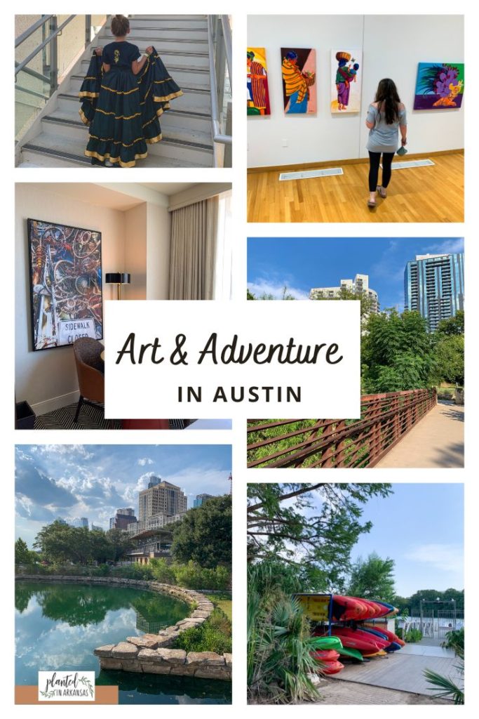 collage image of weekend in Austin trip with Hilton Austin, Emma S. Barrientos Mexican-American Cultural Center, and Lady Bird Lake