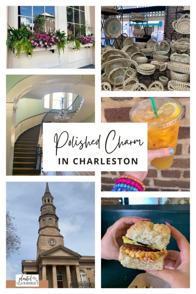 collage of day trip to Charleston with window box, Charleston sweet grass baskets, a pimento biscuit from Callie's Hot Little Biscuit, Joseph Manigault House stairwell