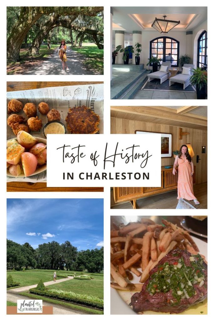 collage of girls trip to Charleston - Charleston spas, woman walking in Middleton Place, Red's Icehouse crab cakes, and Stars Rooftop and Grill Room steak frites