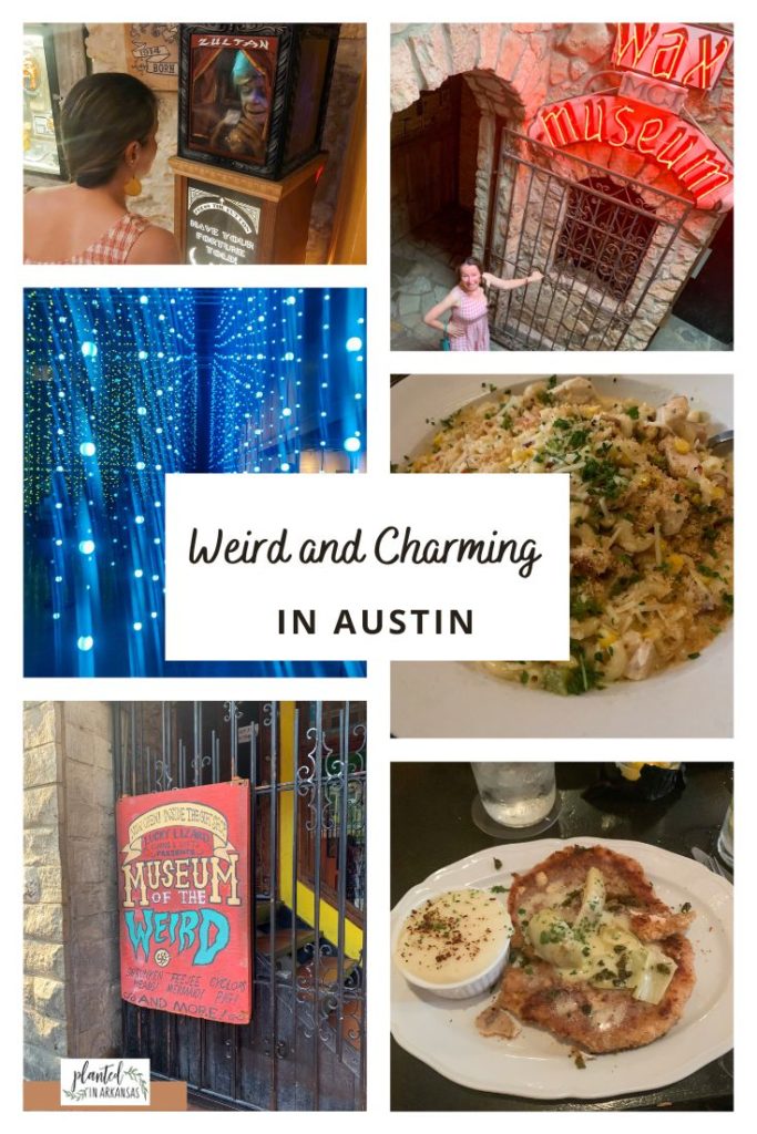 collage of woman at Museum of the Weird in Austin, Wanderspaces Museum, and Moonshine Grill food