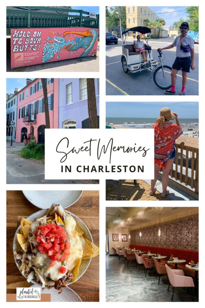 Collage of girls weekend in Charleston - Folly Beach, Rainbow Row, Rita's Seaside Grille pork nachos, woman in Charleston rickshaw, and The Honey Hive