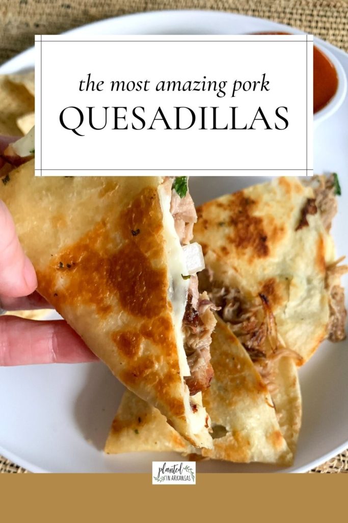 pulled pork quesadillas with salsa verde in front of white plate with text overlay