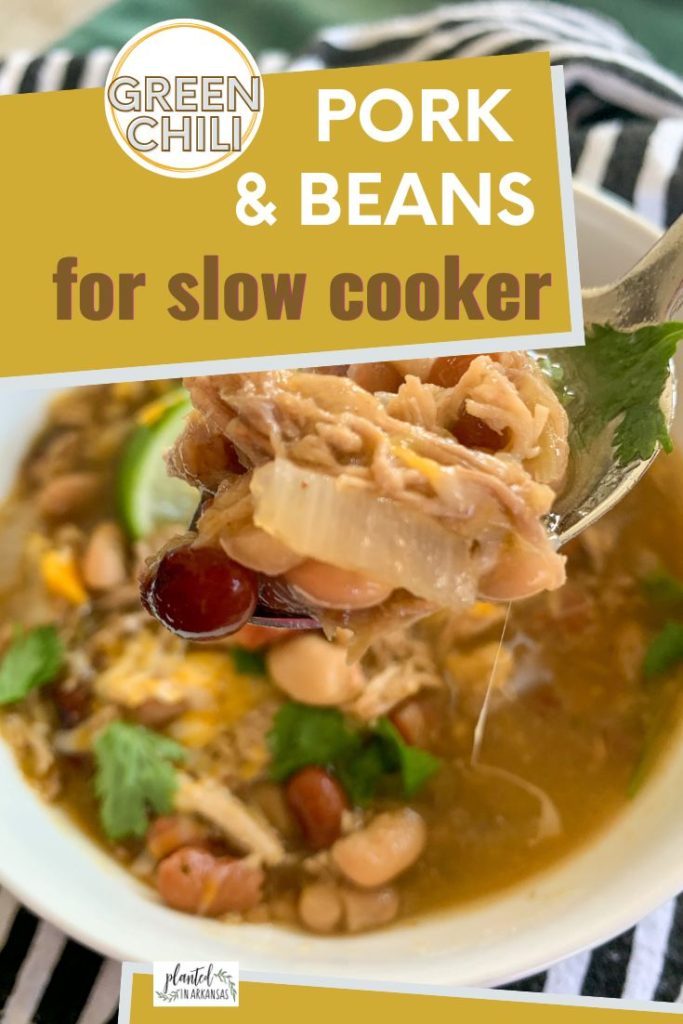 smoked pork green chili slower cooker soup in a white bowl with spoon lifting and text