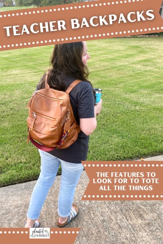 teacher show favorite backpacks for teachers with cognac leather backpack and coffee mug in hand