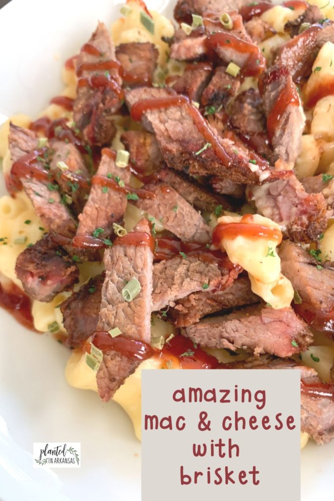 brisket mac and cheese with a text overlay
