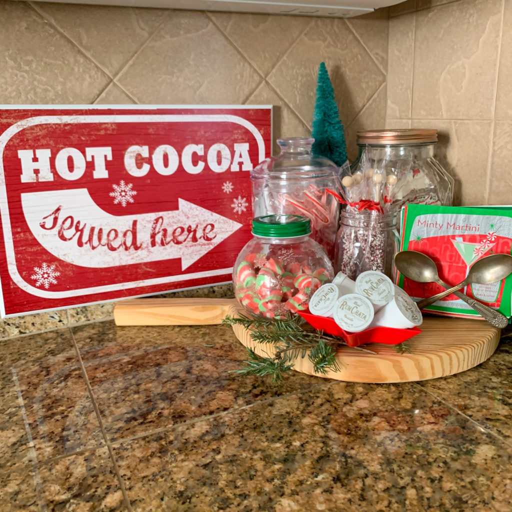 Christmas hot cocoa station in kitchen