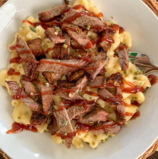 brisket macaroni and cheese on white plate