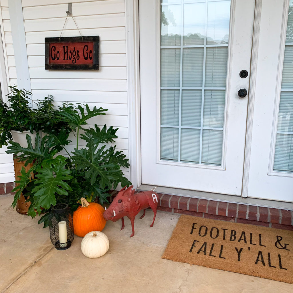 metal Arkansas Razorback, pumpkins and plants on back porch