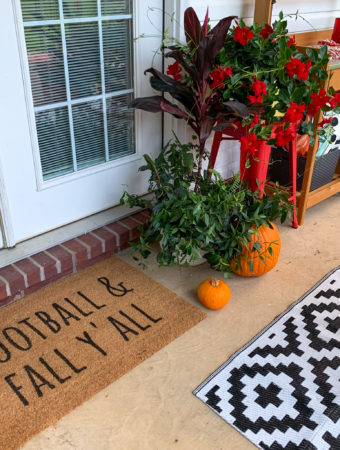 fall and football home decor on back porch with football and fall door mat