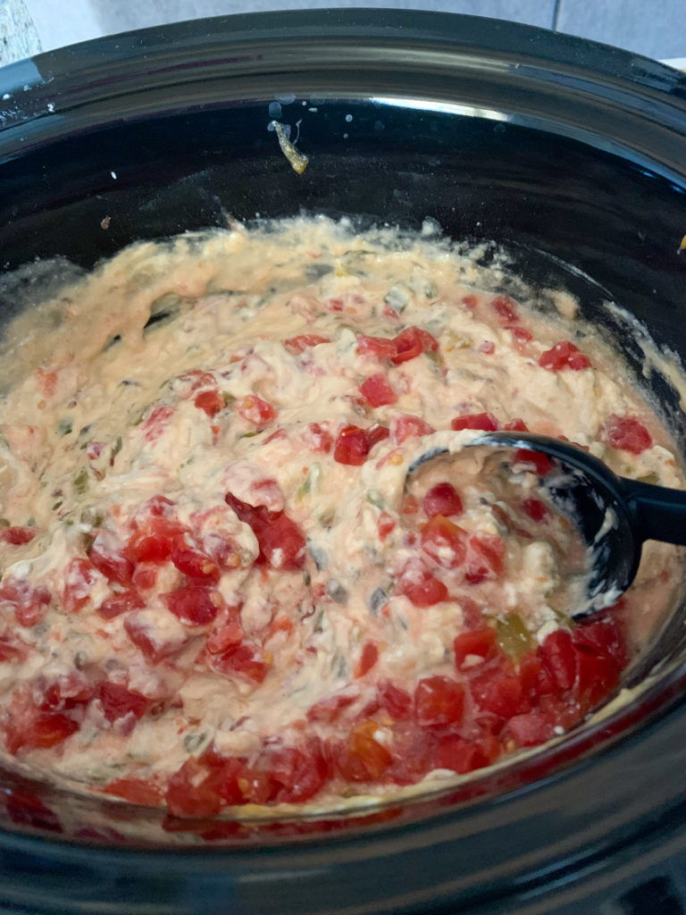 slow cooker view of pulled pork dip 