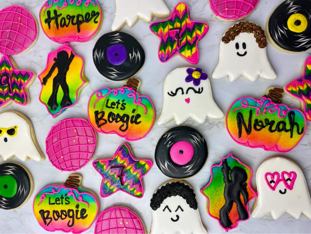 Kids disco party for Halloween cookies on platter