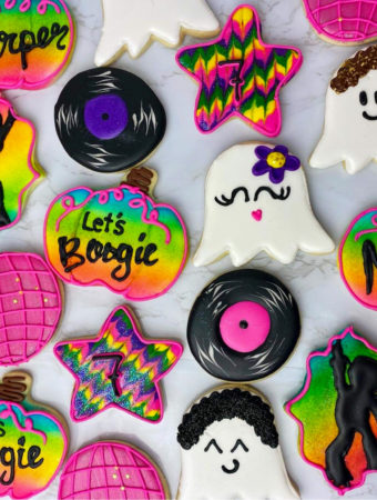 decorated disco cookies for Halloween disco party for kids
