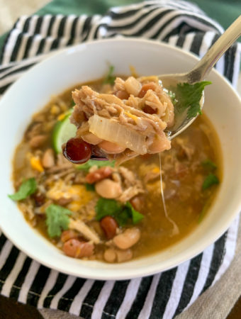 smoked pork chili in white bowl