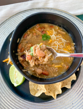 pulled pork chili verde in black bowl on metal charger