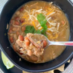 pulled pork chili verde in black bowl with spoon