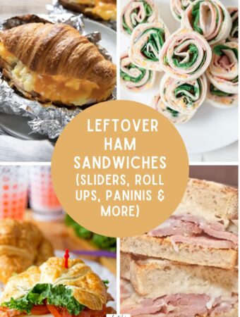 collage image of hot ham sandwiches like ham egg and cheese sandwich and ham roll ups