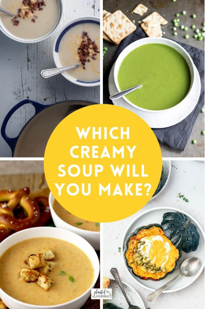 collage of easy soups like pea soup, cheddar ale soup, acorn squash soup with circle text box