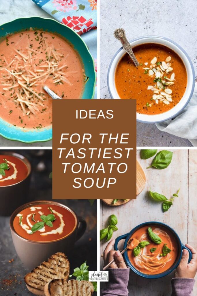 collage of gluten free tomato soup, tomato bisque and dairy free tomato soup for grilled cheese sandwiches