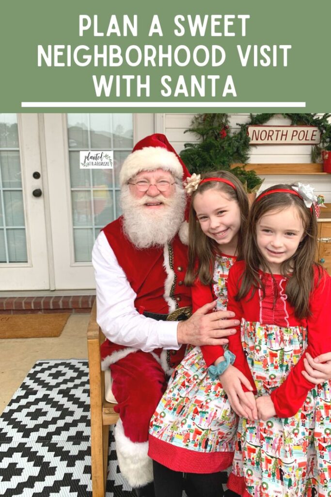 children sit with Santa Pete on the back porch of an Arkansas home during a neighborhood Cookies with Santa event