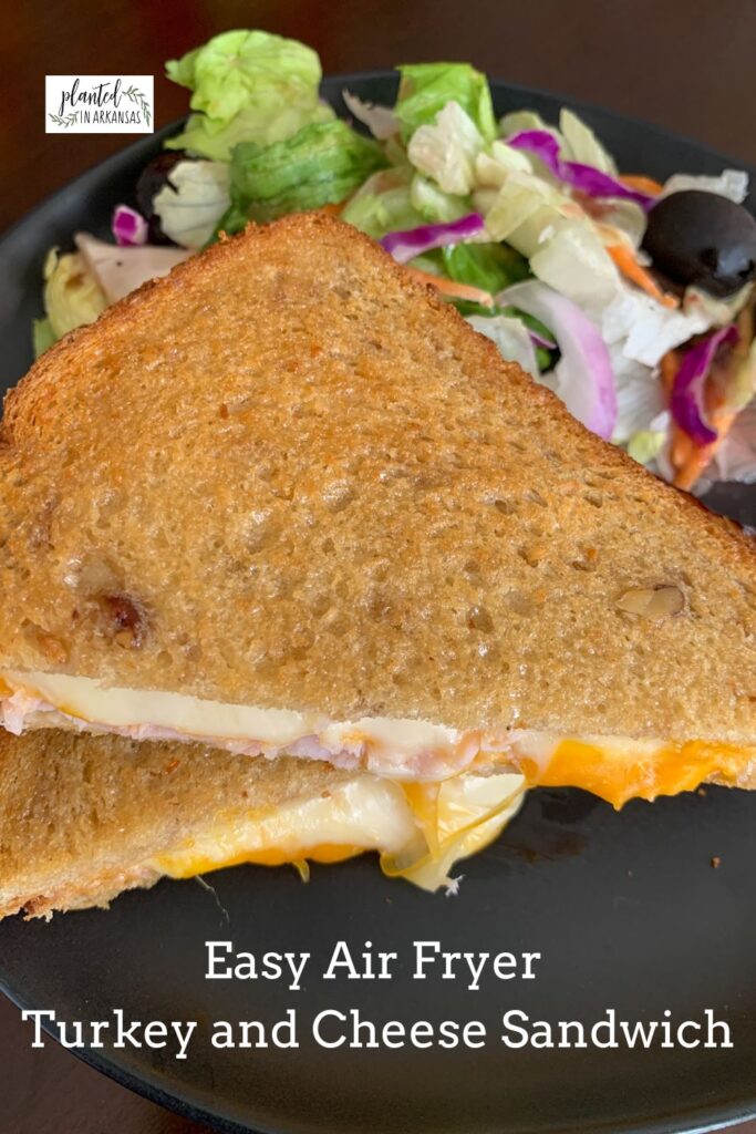air fryer turkey and cheese on black plate with salad and text