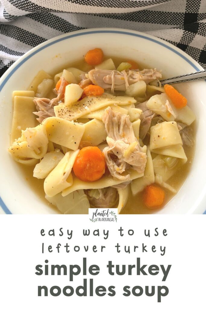easy leftover turkey soup in white bowl with text overlay