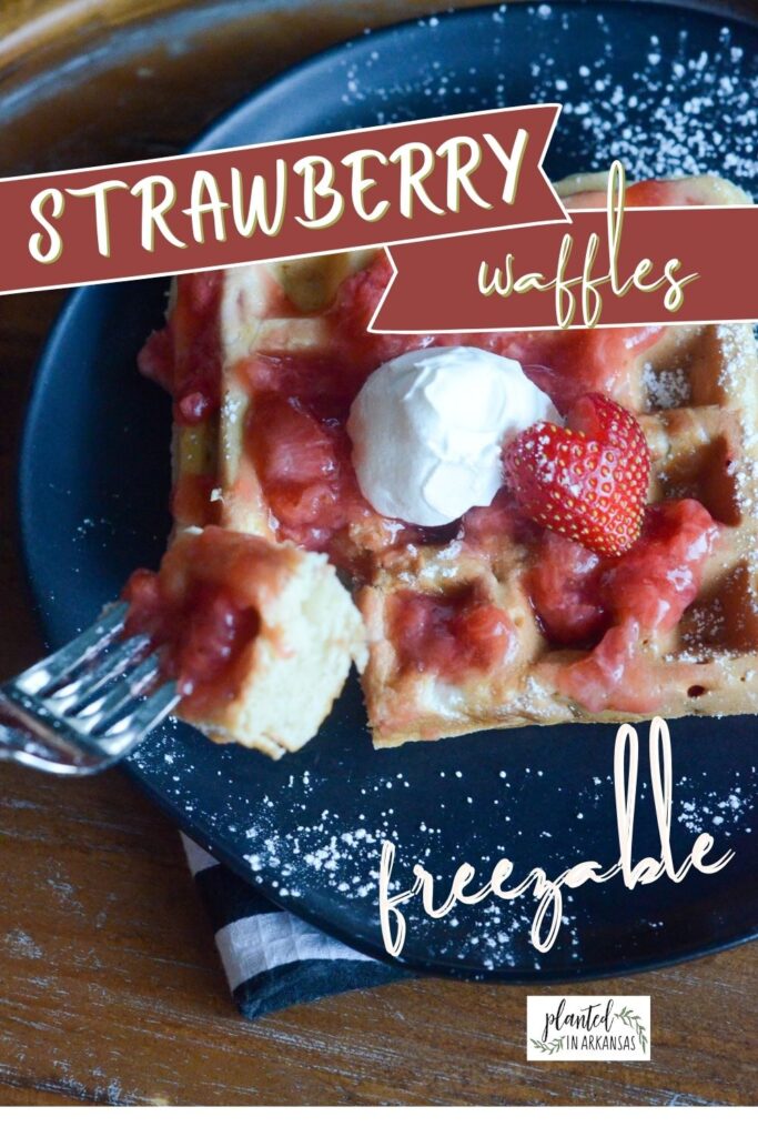 strawberry waffles on black plate with text overlay
