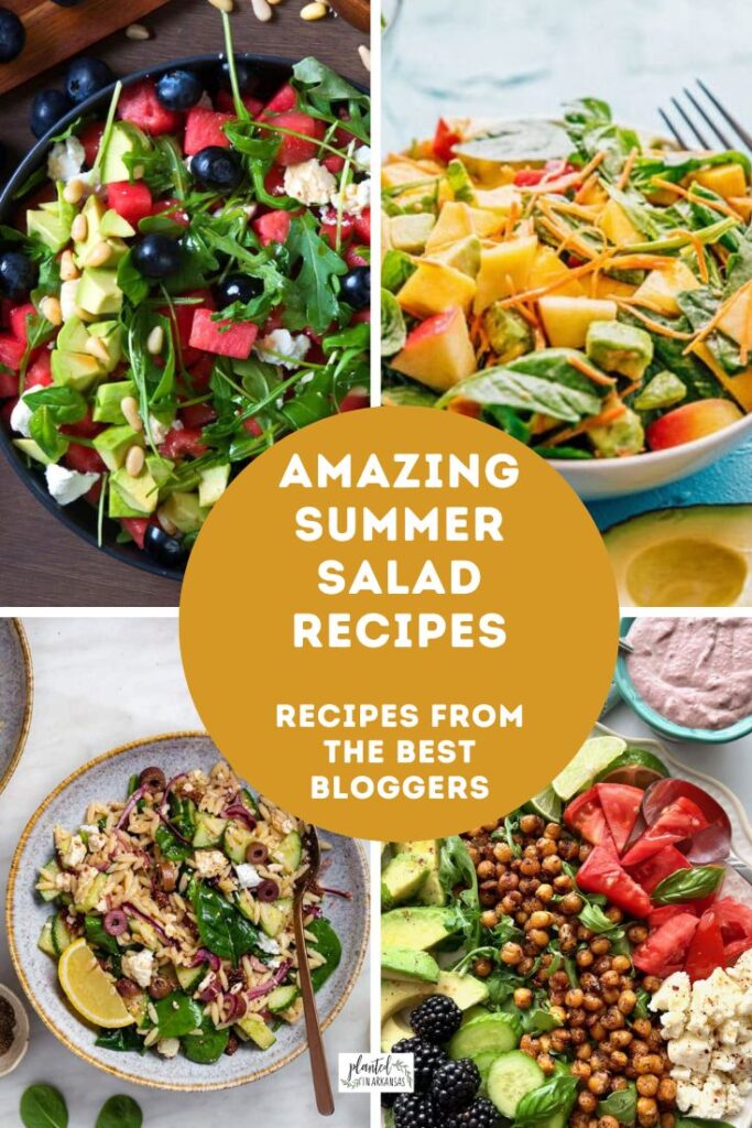 epic summer salad recipes - mango salad, summer berry salad, and orzo salad - in a collage with text circle on top