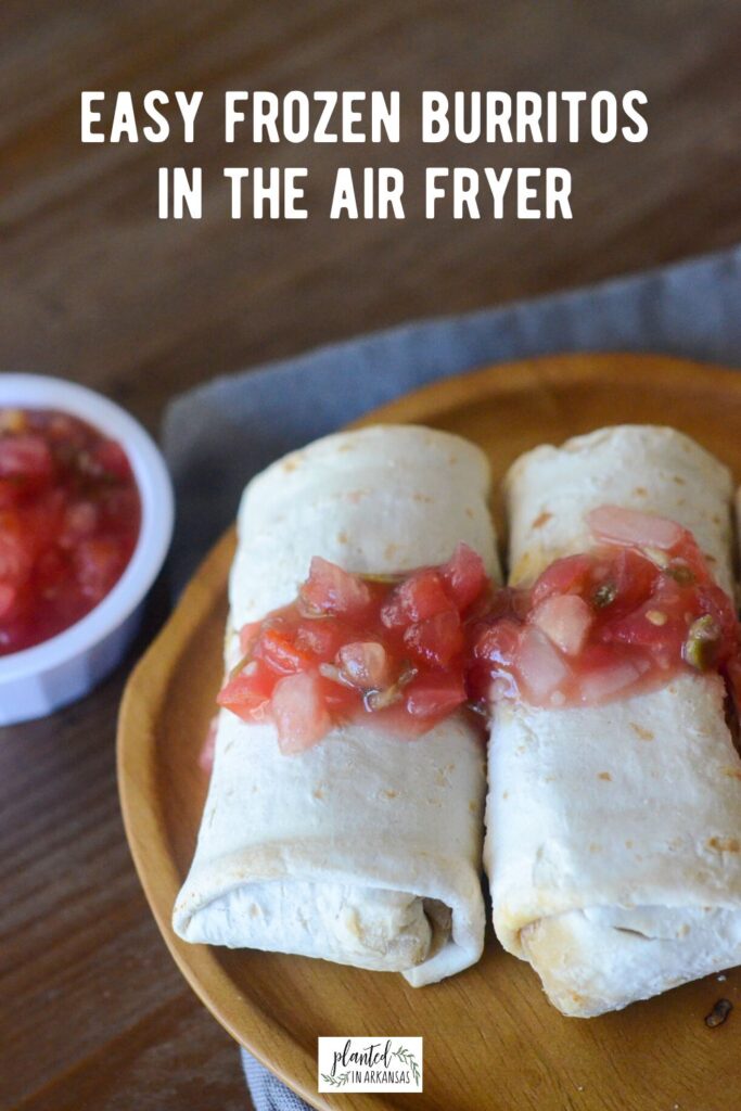 frozen burritos in the air fryer on a brown plate with a text overlay