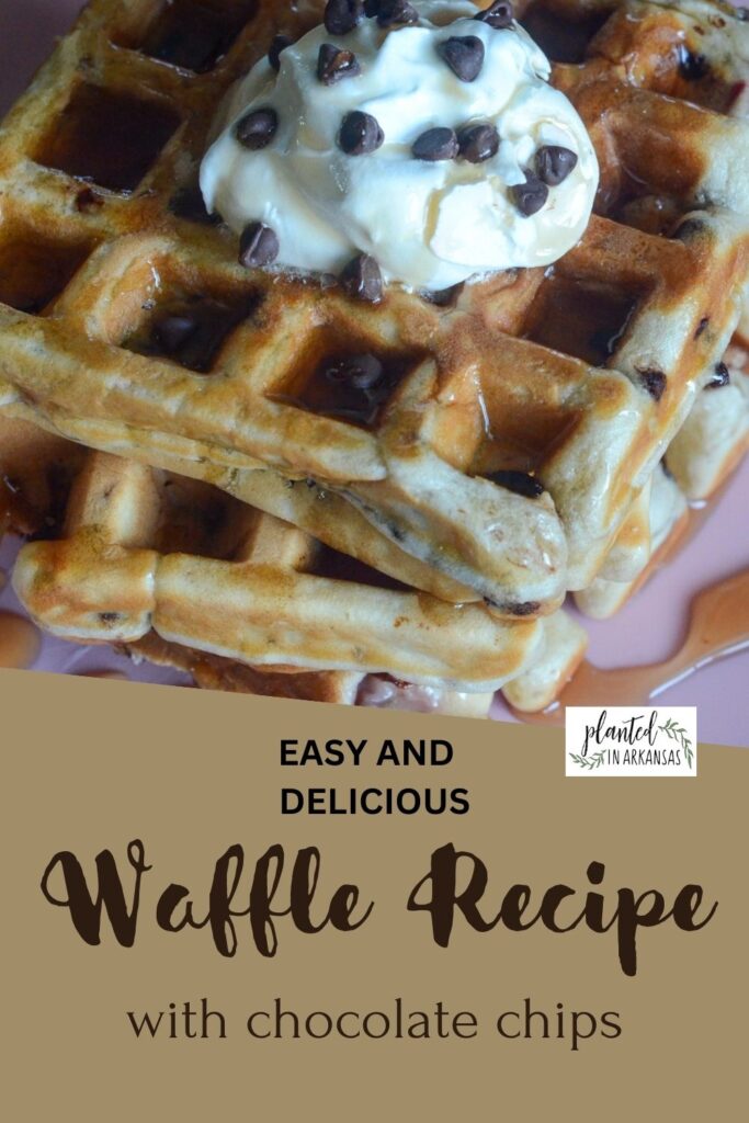 chocolate chip waffles with text overlay