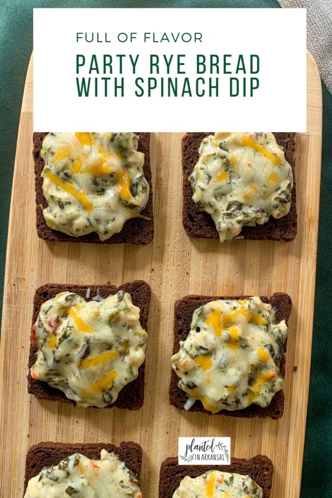 spinach dip on rye bread appetizers on wood board with text