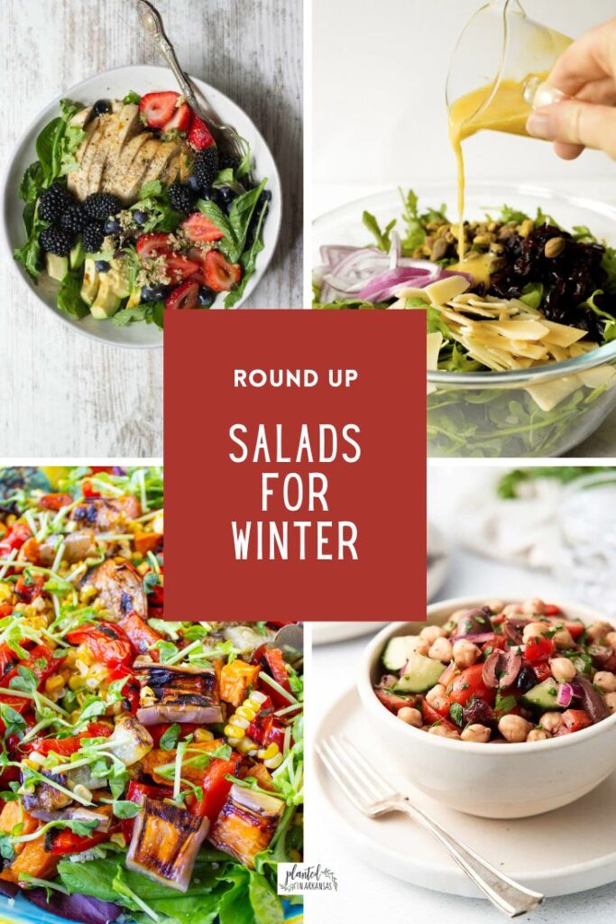 collage of healthy salads for winter months - vegan chickpea salad, rocket salad, eggplant salad