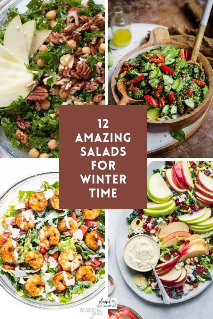 winter salad recipe images - healthy salad with apples, healthy kale salad, salad with shrimp and taboule salad