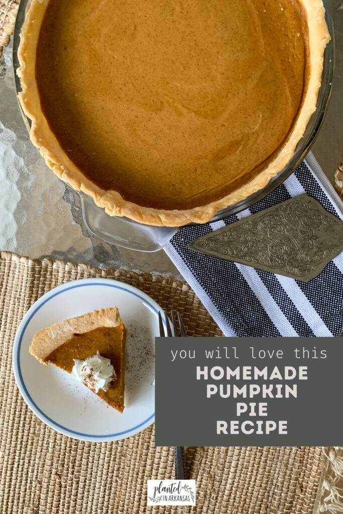slice of creamy pumpkin pie with condensed milk with whole pie behind and a grey text box