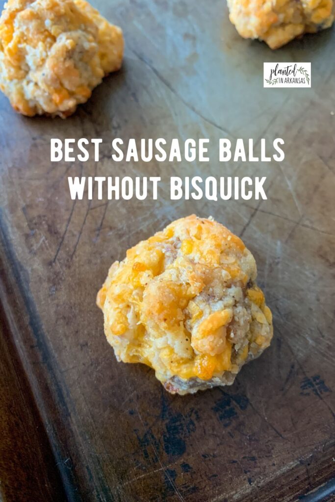 no Bisquick sausage balls on tray with text overlay