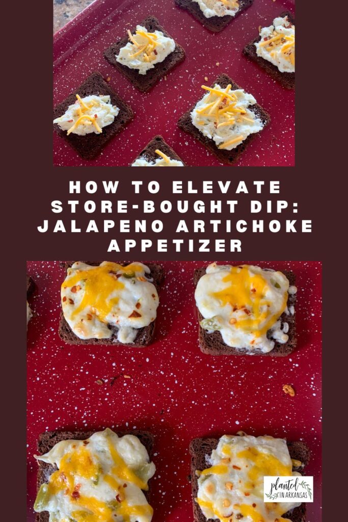 collage of jalapeno artichoke dip appetizer on rye bread with text
