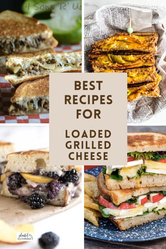 deluxe grilled cheese sandwiches like apple brie grilled cheese in collage with text box