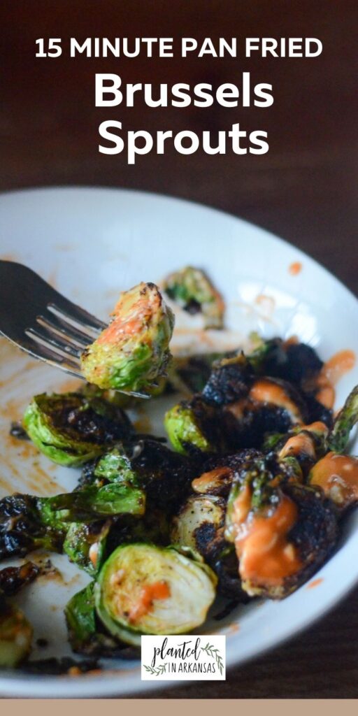 honey sriracha BJs Brussels sprouts copycat on white plate with text overlay