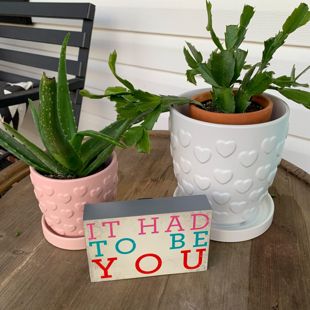 heart flower pots with plants inside and Valentine's Day sign on wooden table for Valentine's Day porch decor