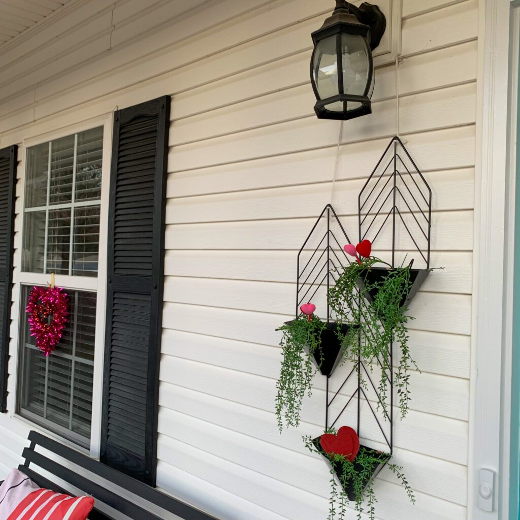 Valentine's Day porch decor on front porch