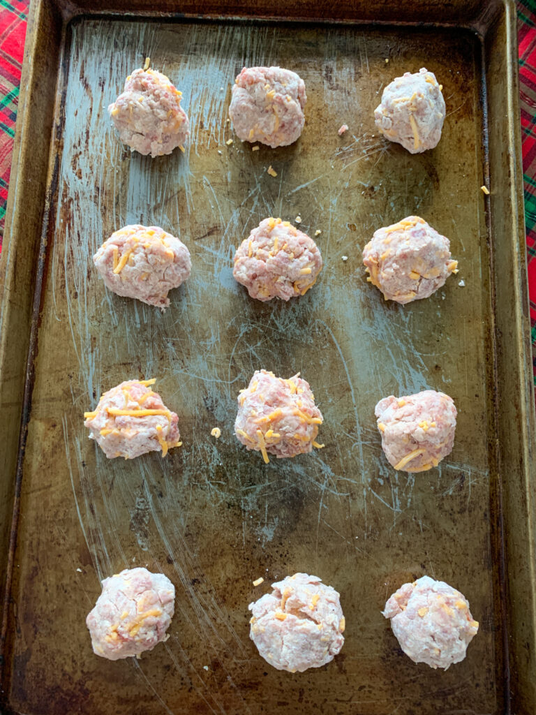 sausage balls without Bisquick on sheet pan waiting for oven