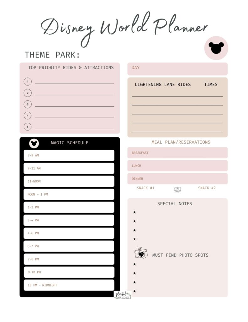 image of free Disney planning printables for a 7 Day Disney World itinerary