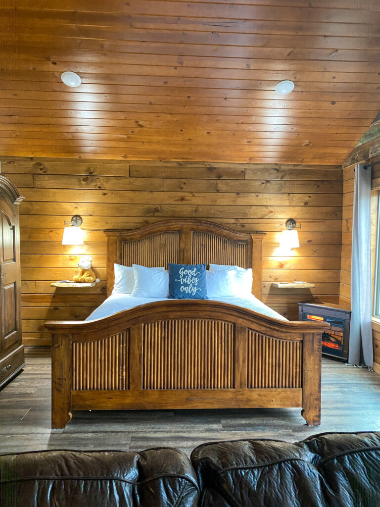 bedroom area of Starlight Haven luxury Hot Springs treehouse cabins