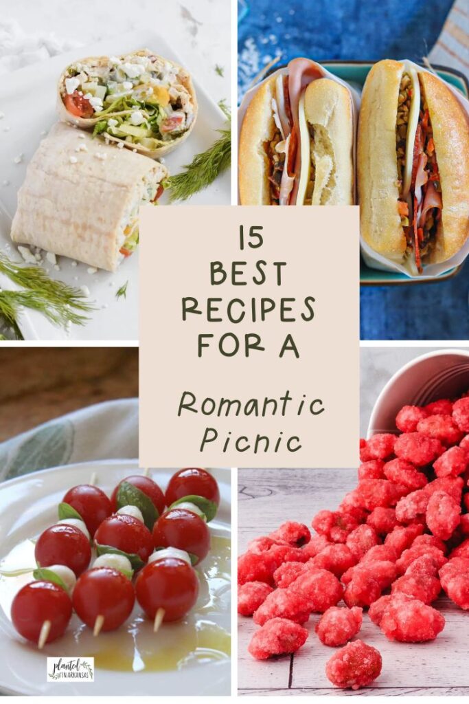 collage of picnic date food for couples with text box in center