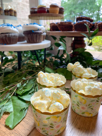 cupcakes and popcorn cups at high school graduation tea party