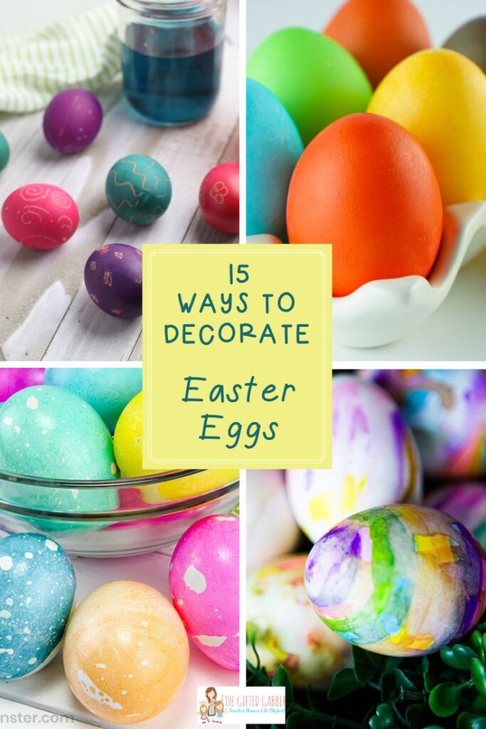four pic collage image showing easy Easter egg painting ideas such as Skittles Easter eggs and Sharpie eggs