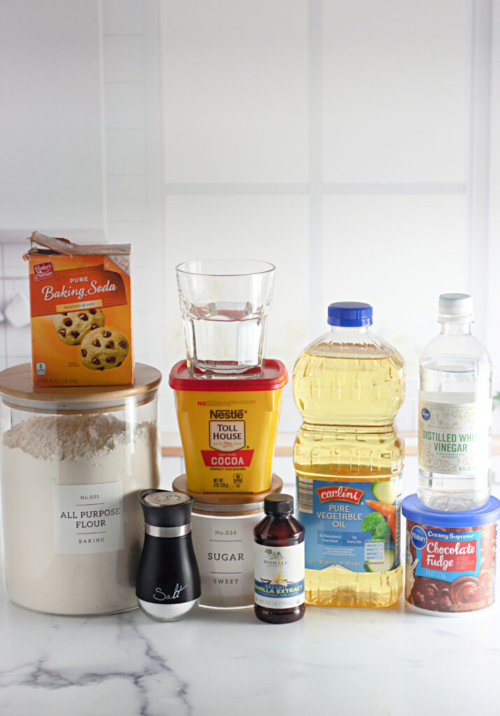 depression cake ingredients gathered on counter for dairy free chocolate cake