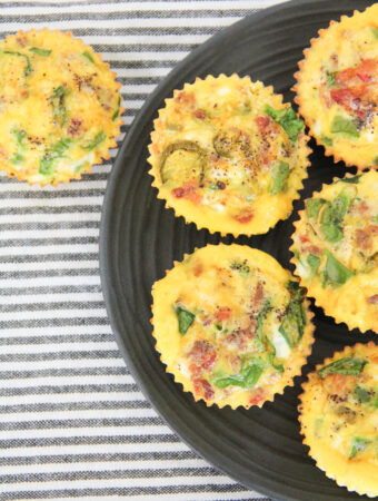 mini crustless quiche muffins on black plate for a low carb quiche muffin idea