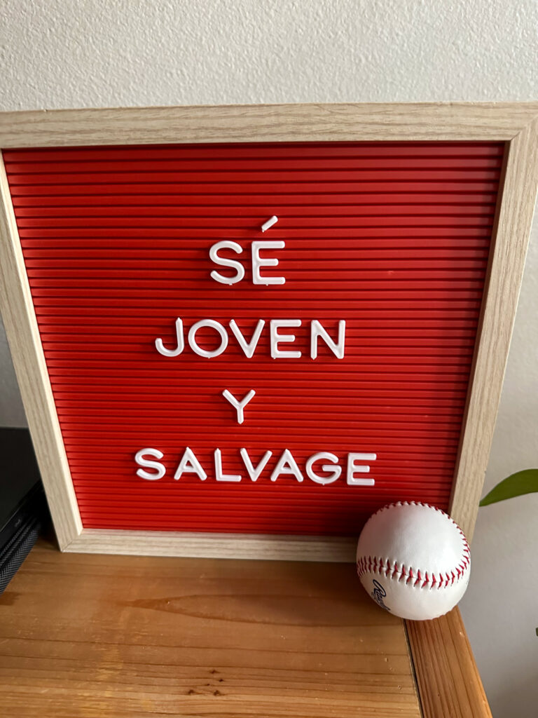 short Spanish puns for inspiration on red letter board with baseball